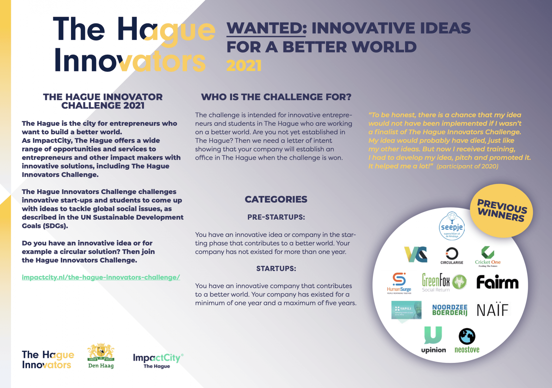 Municipality of The Hague Call: The Hague Innovators Challenge 2021 